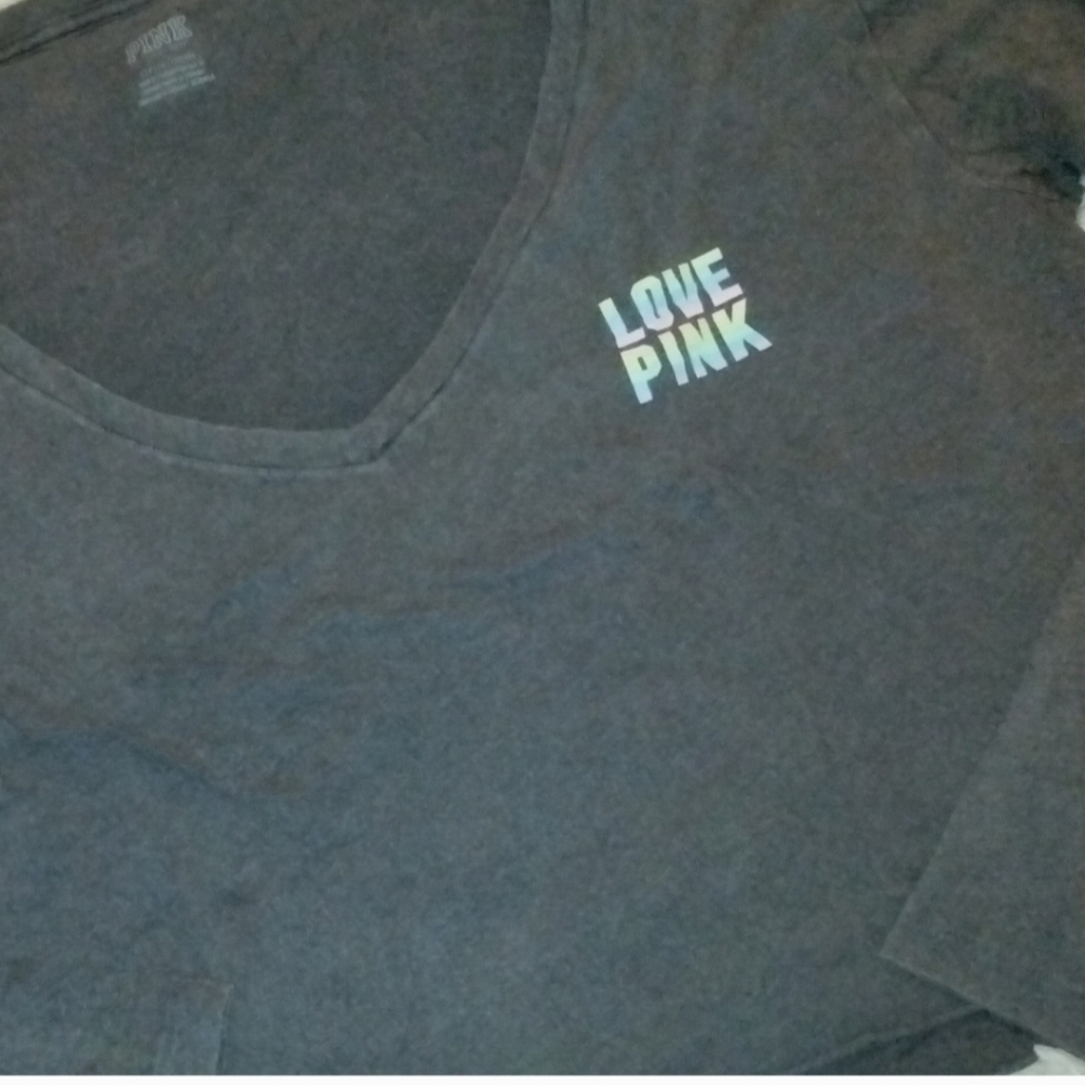 PINK BY VICTORIAS SECRET Love Pink gray pastel rainbow cropped long sleeve top - Picture 2 of 2